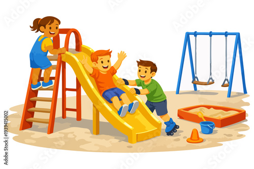 Children enjoying playground activities with slide and swings.