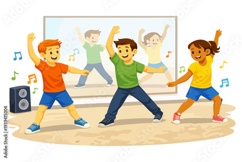 Children dancing happily with music in studio reflection.