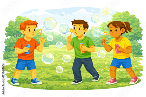Children blowing bubbles in sunny park setting: outdoor play and joy.