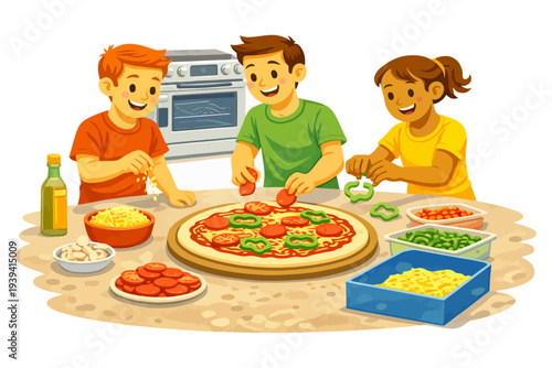Children preparing homemade pizza in kitchen.