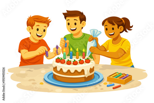 Children decorating birthday cake with candles and icing.