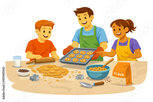 Family baking fun: young caucasian and hispanic adults with child making cookies.