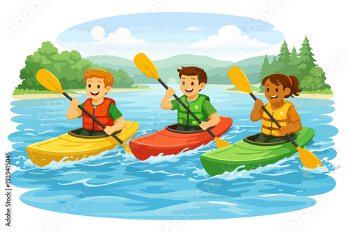 Children kayaking adventure on serene lake in sunny landscape.