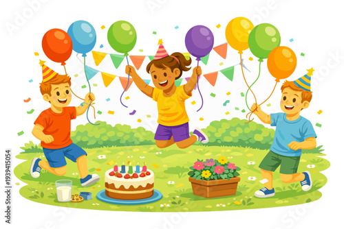 Joyful birthday celebration with kids and balloons in a park setting.