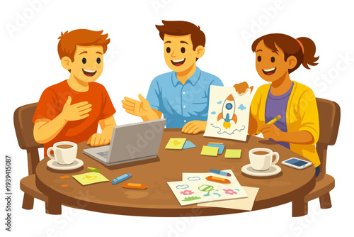 Diverse group of young adults collaborating on creative project at round table.