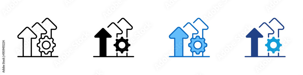 Obraz premium Process Improvement Multiple Style Icon Design Vector - Upward arrows with gear representing process optimization, operational efficiency, and workflow improvement