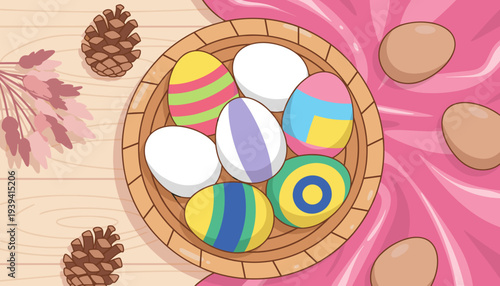 Easter basket with vibrantly decorated and plain eggs, accompanied by pine cones and elegant pink fabric on a rustic wooden background