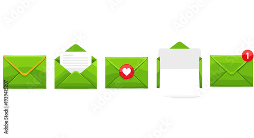 Collection of green mail envelopes in various states: closed, open with letter, open with heart, and new message notification