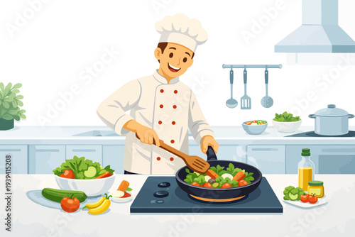 Young male chef cooking healthy vegetables in kitchen.