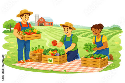 Young farmers harvesting vegetables in rural farm setting.