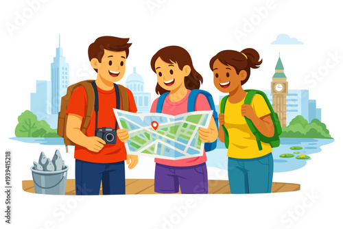 Young group exploring london with map outdoors.