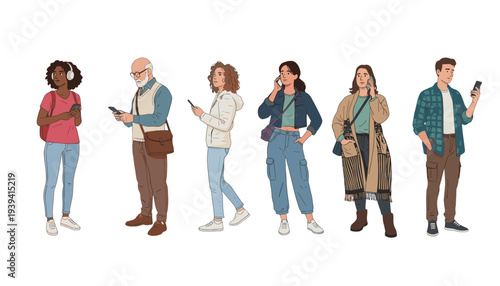 Diverse group of individuals standing, engaged with their smartphones or wearing headphones, representing modern digital communication and urban lifestyle