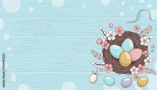 Easter nest with pastel decorated eggs, feathers, pussy willow, and spring blossoms on a rustic blue wooden background