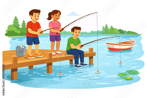 Children fishing together on wooden dock by lake.