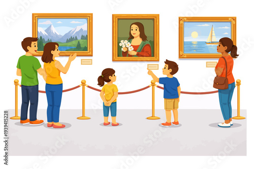Children and adults admiring art in gallery setting.