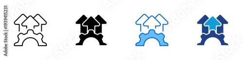 Process Optimization Multiple Style Icon Design Vector - Gear with upward arrows representing operational improvement, workflow optimization, and productivity growth