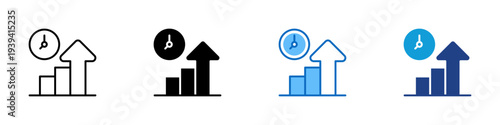 Time Growth Multiple Style Icon Design Vector - Clock with bar chart and upward arrow representing time efficiency, productivity improvement, and performance growth