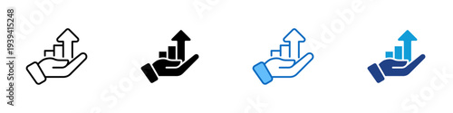 Business Growth Multiple Style Icon Design Vector - Hand holding bar chart with upward arrow representing business growth, financial progress, and investment return