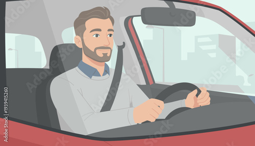 Confident man driving a car with a seatbelt on, observing the road, representing safe travel, daily commute, or urban transportation