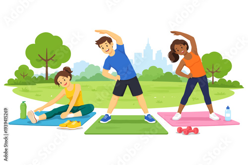 Diverse young adults exercising outdoors in park setting.