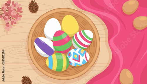 Easter basket filled with colorful decorated and plain eggs, pine cones, and draped pink fabric on a rustic wooden background