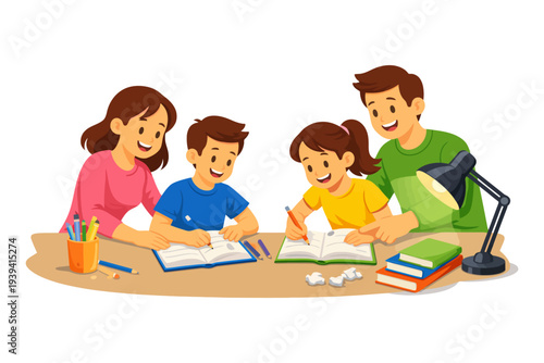 Happy family learning together at home, caucasian young adults and children studying.