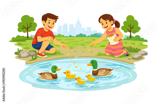 Children feeding ducks at park pond on a sunny day.