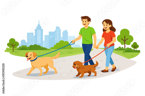 Caucasian young couple walking dogs in park with city skyline.