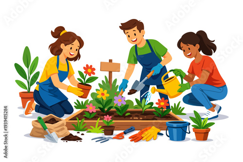 Young diverse friends gardening together with colorful flowers and plants.