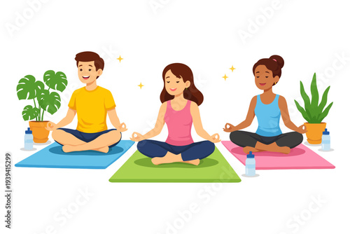 Diverse group practicing yoga meditation together in harmony.