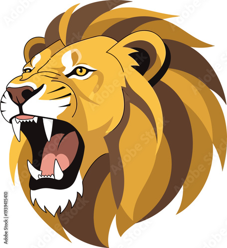 A fierce and powerful stylized lion's head roaring with an open mouth and sharp fangs, showcasing its golden mane.