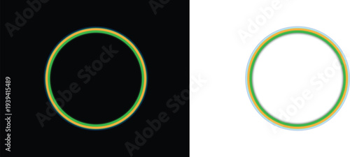 A neon green circle on a black background juxtaposed with a similar circle on a white background, showcasing contrast and design elements in a split-screen comparison.