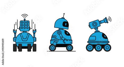 Three blue cartoon robots with various gadgets on a white background in a graphic illustration with a playful and technological mood.
