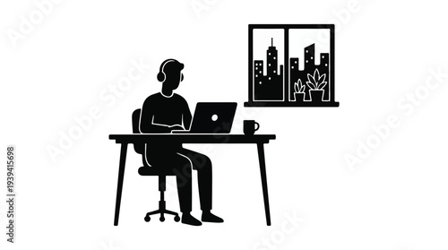 Person working remotely on laptop with headphones at desk with city view