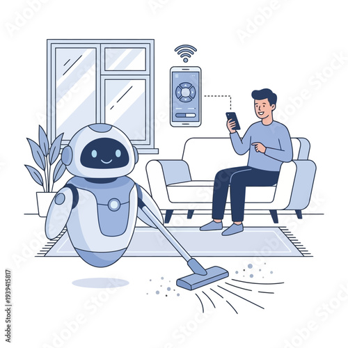 Automated Home Cleaning Man Controls Smart Robot Vacuum from Couch