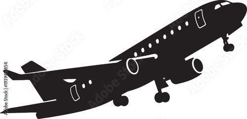 Minimalist black airplane silhouette taking off for travel, aviation, and transportation