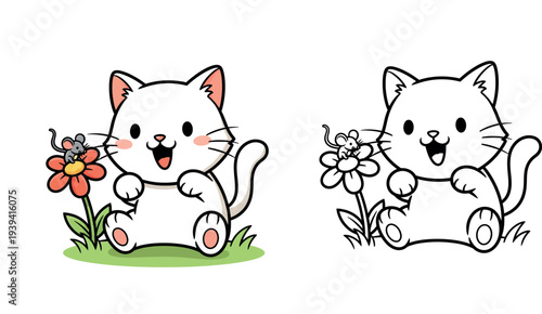 Cute cartoon white cat sitting and looking at small mouse friend on red flower, happy animal friendship