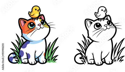 Cute cartoon calico cat sitting in grass with small yellow chick on head, adorable kitten and bird friendship