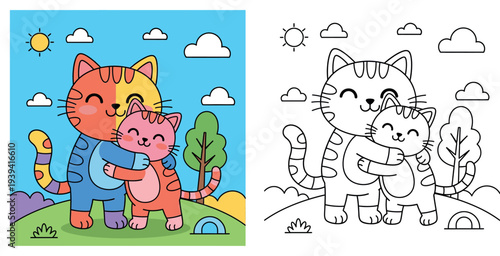 Two cute cartoon cats hugging in sunny park, adorable happy kittens best friends embracing vector