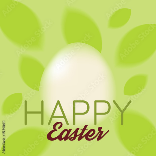 Happy Easter template decorated with 3D egg,  trendy blurred leaf shapes for greeting cards, social media posts, Easter promotions, flyers, digital invitations.