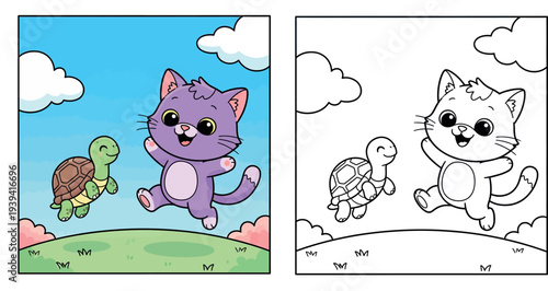 Cute purple cat and green turtle jumping in blue sky, happy animal friends playing together vector