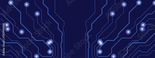Futuristic Blue Circuit Board Background with Glowing Neon Nodes and Digital Lines – Abstract Technology Network Banner