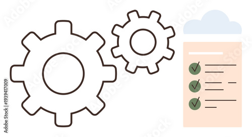Workflow optimization, automation, task management, productivity tools, cloud storage, system organization. Two interlocking gears, checklist and cloud icon. Workflow optimization and automation