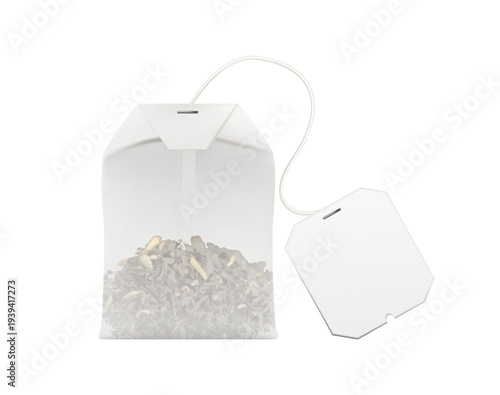3d realistic vector illustration. Tea bag mockup sachet with tea inside and white empty tea tag. Isolate.