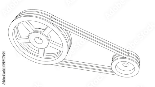Belt Drive Pulley System Line Art Engineering Drawing, Mechanical Power Transmission Diagram