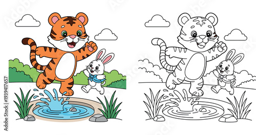 Cute cartoon tiger cub jumping into water puddle with splash and happy white rabbit friend running