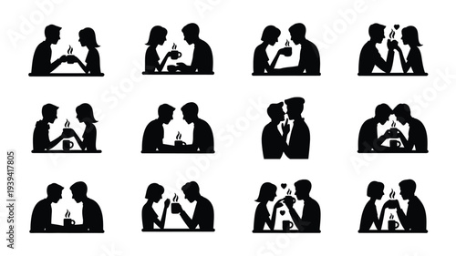 Set of 12 minimal silhouettes of couples drinking coffee or tea in various poses on white background