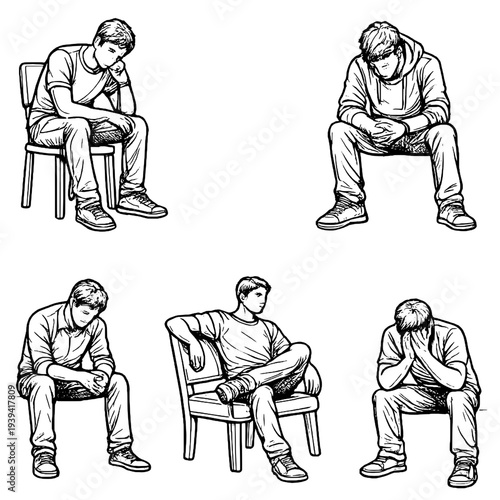 Collection of young men sitting on chairs in different thoughtful and emotional poses. Concepts include sadness, stress, contemplation, loneliness, mental health, and everyday human emotions.