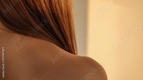 Healthy Smooth Back Skin Care Close Up of Woman Shoulder and Straight Brown Hair in Warm Natural Light for Body Care Beauty Treatment and Dermatology Concept