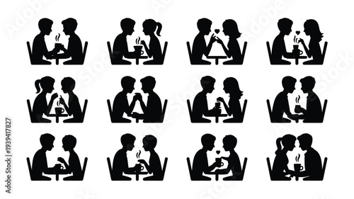 Collection of 12 minimalist black silhouettes of people in various social interactions and relationships